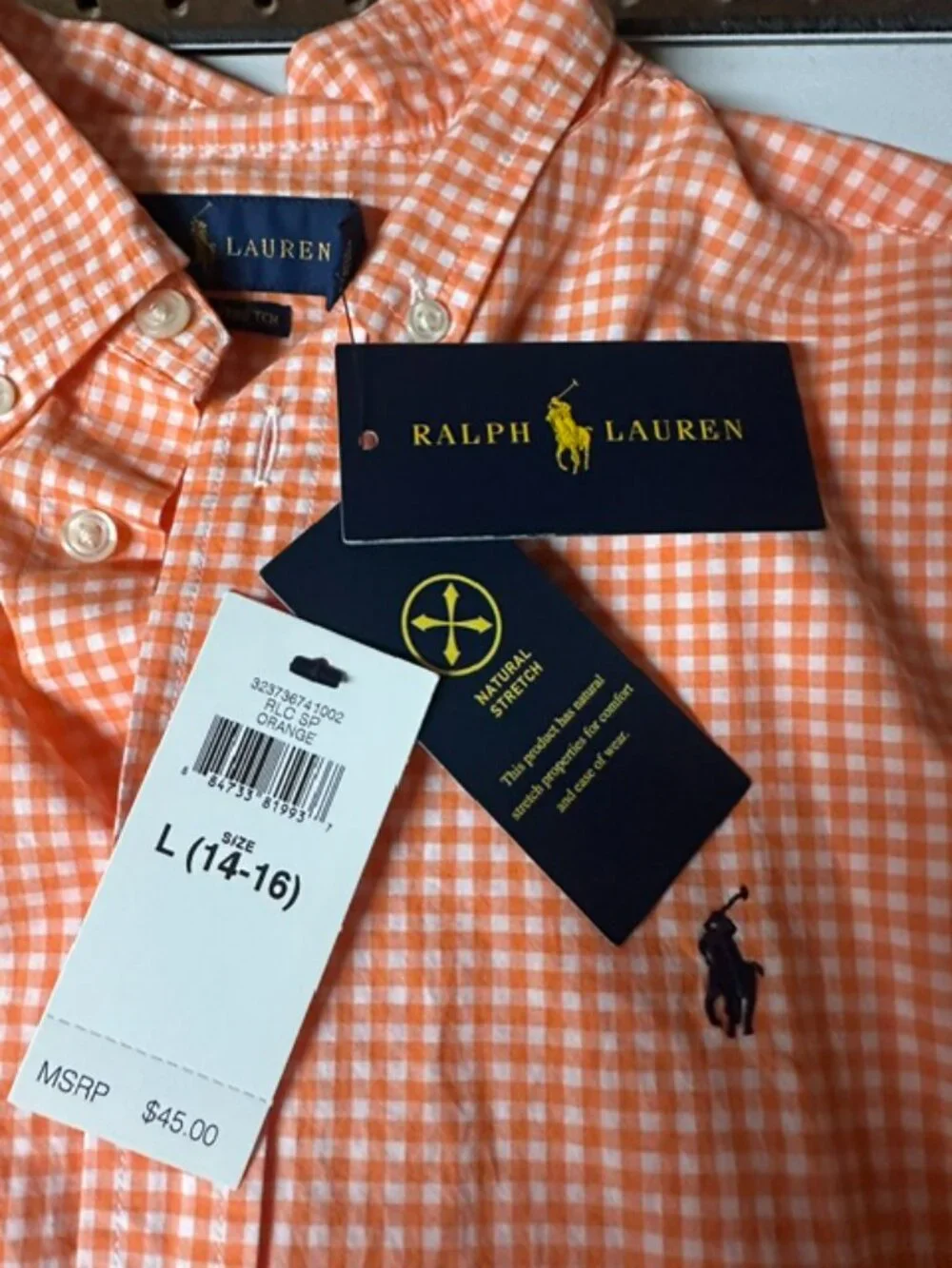 Ralph Lauren Boys Orange And White Button-Up Long Sleeve Shirt Size 14-16 NWT